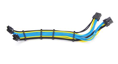 Удлинитель 2x 8pin PCIe для видеокарт в оплетке тканевая оплетка черно-желто-синего цвета, горизонтальные держатели, длина 35см